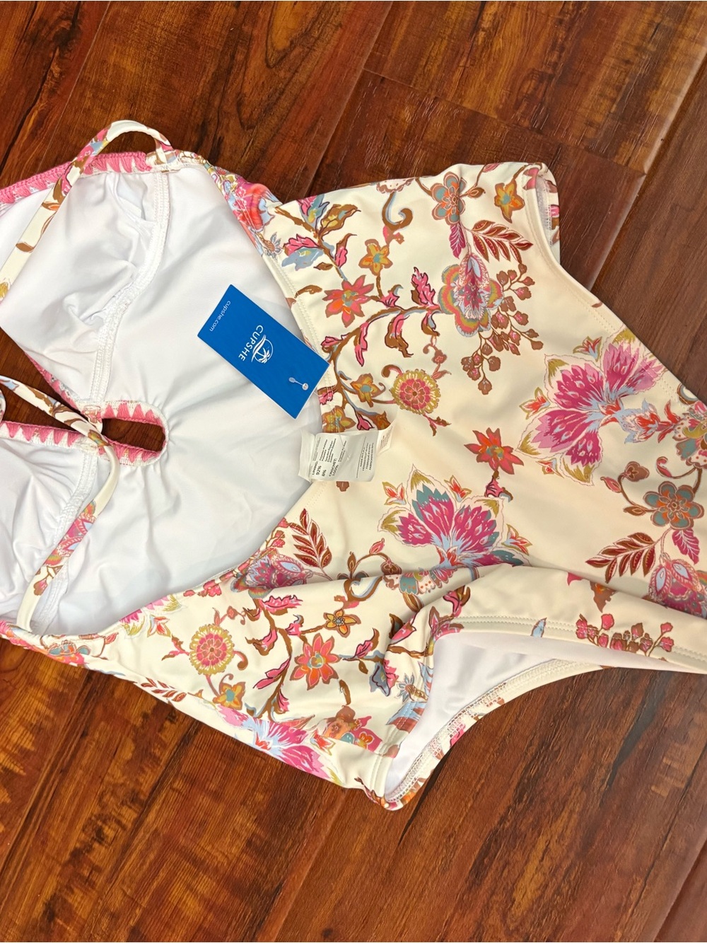 NWT CupShe Floral Pink Trim One-Piece Swimsuit- size S - Picture 6 of 8